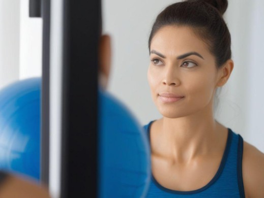 looking at face in mirror in gym